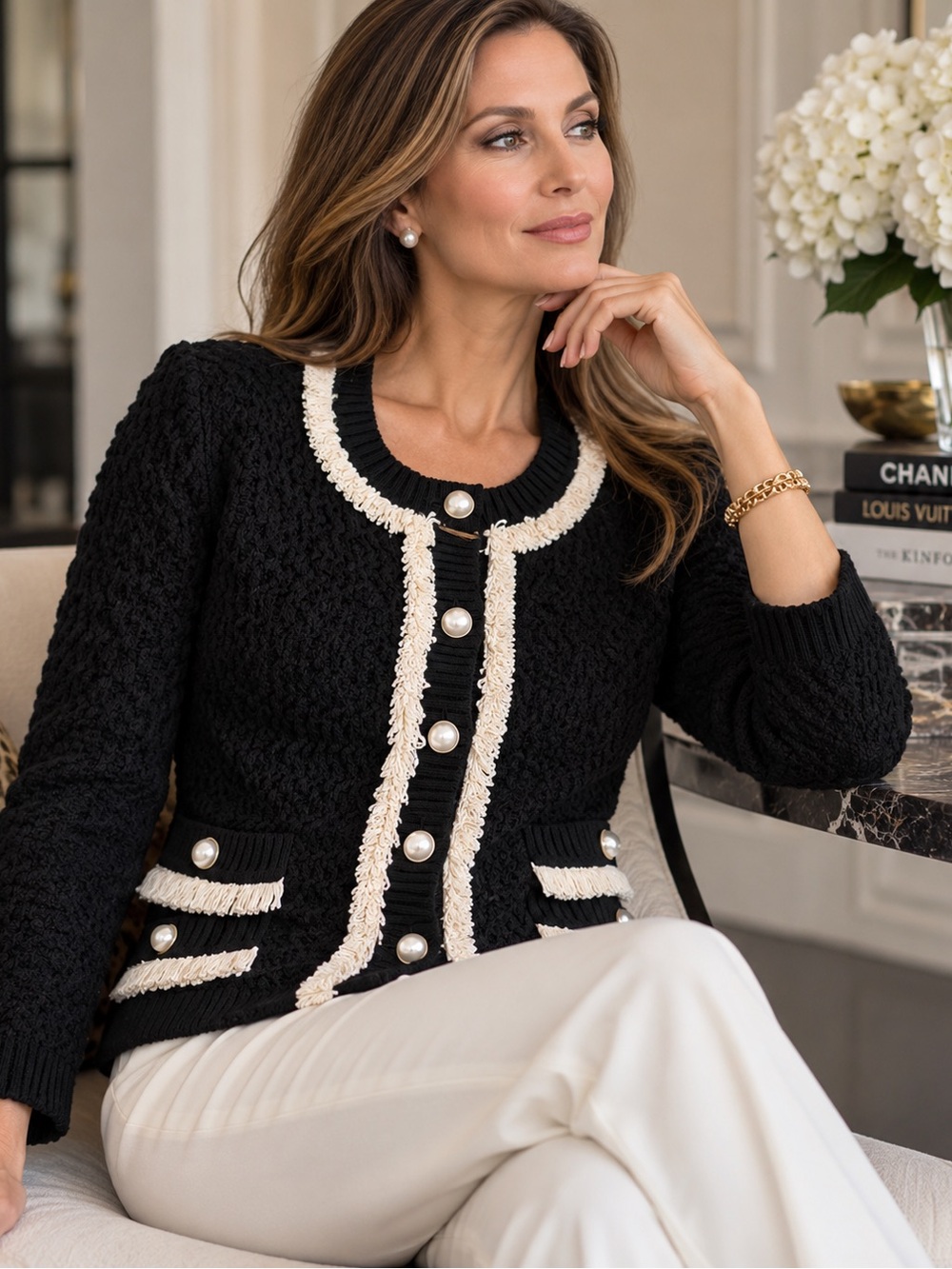 St. John Black Knit Jacket with Cream Fringe & Pearl Buttons